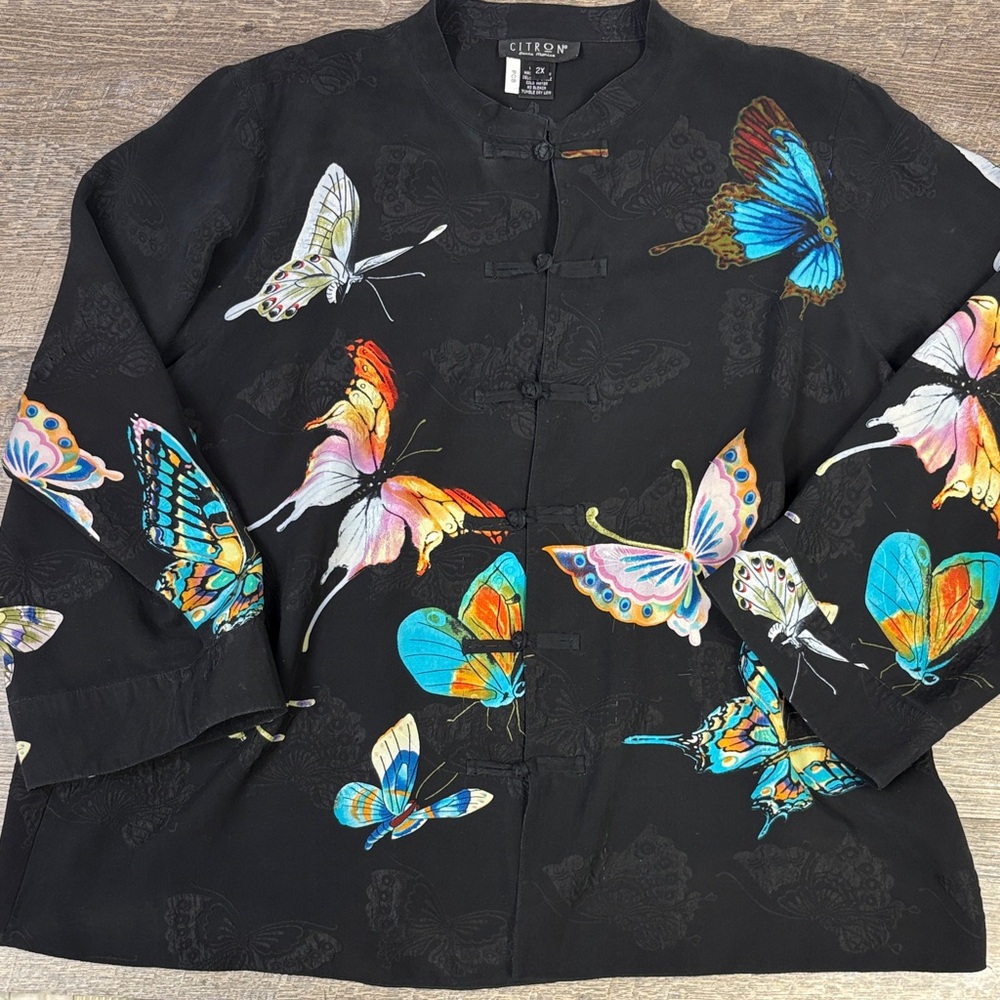 Citron Santa Monica 2X 100% Silk Butterfly Jacket – Black Multicolor Artwear